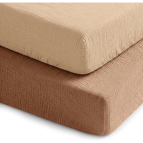Comfy Cubs 100% Muslin Crib Fitted Sheet 2 Pack, Cedar and Cream - 100% Cotton, Soft & Breathable Crib Sheets for Toddler Mattress - Snug Fit, Secure Elastic with Beautiful Packaging