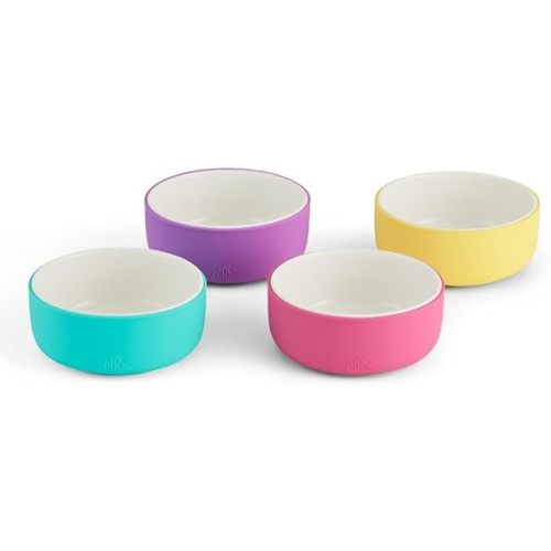 Elk and Friends Kids Porcelain Bowls with Silicone Sleeves | Suitable for Babies/Toddlers | Microwave & Dishwasher Safe | Non Slip Dinnerware | Snack Dishes | 4 Pack