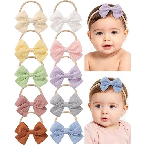 jollybows Baby Girls Cotton Hair Bows Headbands Nylon Hair Bands Elastic Hair Accessories for Newborn Kids Infants Toddlers 10Pcs Solid Linen
