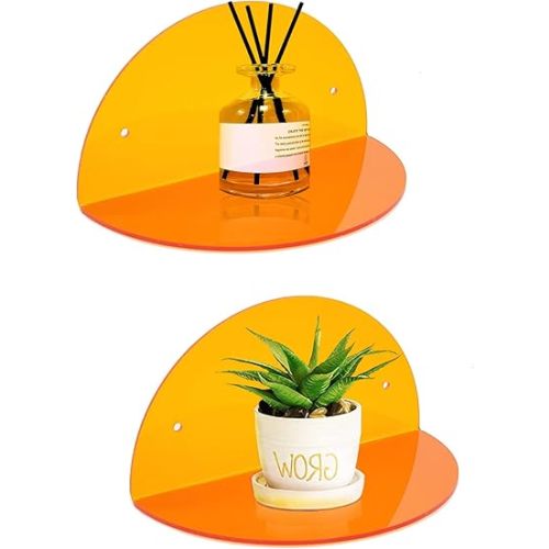 ROYALITA Small Acrylic Shelves Room Decor Floating Shelves (2-Pack, 8-inch Diameter) - Wall Mounted Display Stand for Plants, Toys, Makeup, and More - Ideal for Home and Office, Orange