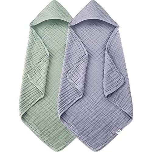 SWEET DOLPHIN Muslin Hooded Baby Bath Towels - 2 Pack 100% Cotton Towel for Babies, Infants, Toddlers - 32x32Inch - Highly Absorbent and Newborn Essential, Green and Grey