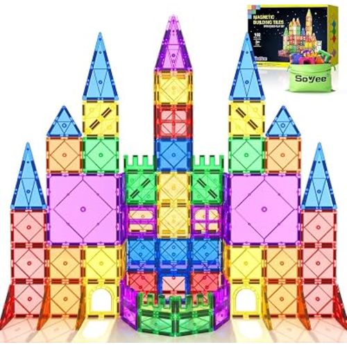 Soyee 102PCS Magnetic Tiles Building Blocks Stem Toys for 3+ Year Old Boys Girls Montessori Toys Toddler Kids Gifts Parents Approved Sensory Toys