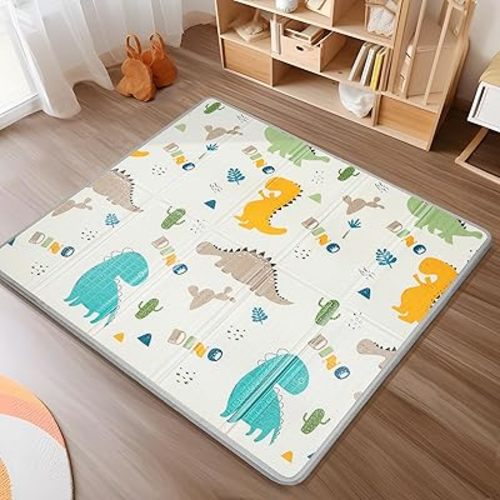 Foldable Baby Play Mat, PIGLOG 0.6in Thick Waterproof Playmats for Babies and Toddlers Kids, Safe Foam Playmat for Tummy Time, 50x50 Playpen Mat, Reversible Portable Floor Mat for Infant, Dinosaur