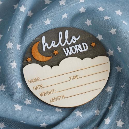 Hello World Newborn Photo Props, Name Announcement Sign, Baby Birth Stats Nursery Decor, Celestial Moon Stasr Cloud Name Sign, Nursery Decor