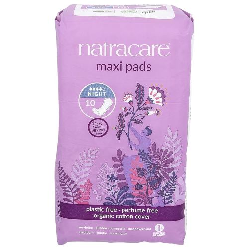 Natracare Natural Traditional Style Night Time Maxi Pads, Individually Wrapped, Without Wings in Plant-Based Bag (1 Pack, 10 Pads Total)