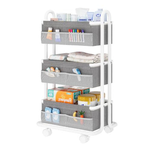 3-Tier Baby Diaper Caddy Organizer Cart, Mobile Nursery Storage Carts with Wheels, 3 Dividers & 6 Mesh Pockets Durable Metal Utility Cart for Nursery, Bedroom, Bathroom, Baby Essentials Organization