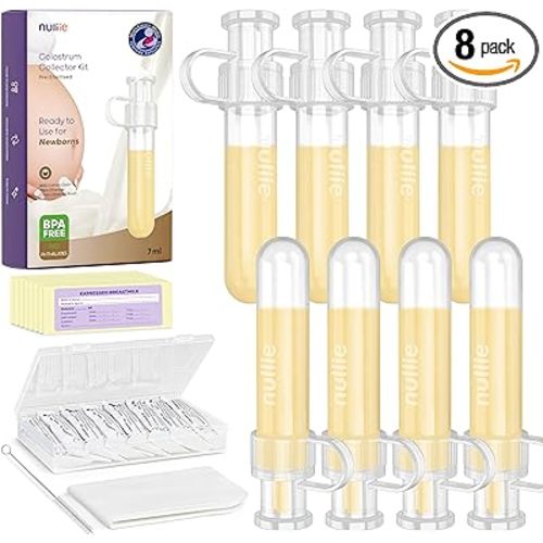 Nuliie Colostrum Collector Kit 7ml/8pcs, Leakproof, Reusable Breast Milk Collector, Heat & Freezer Resistant, BPA-Free, With Cotton Cloth Wipe, Storage Case, Cleaning Brush - Ready-to-Use for Newborns