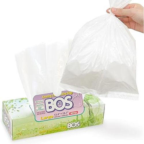 BOS Amazing Odor Sealing Disposable Bags for Diapers, Ostomy Bags, Pet Waste or any Sanitary Product Disposal -Durable and Unscented [Size:L, Color:White] (60 count, Pack of 1)
