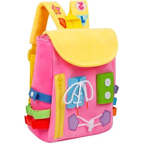 Busy Board - Toddler Backpack with Buckles and Learning Activity Toys - Develop Fine Motor Skills and Basic Life Skills - Learn to Tie Shoes - Children's Travel Toy (Pink)