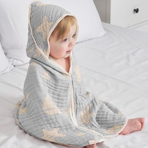 Muslin Baby Beach Bath Towel Hooded Organic Cotton Blend Grey Ocean