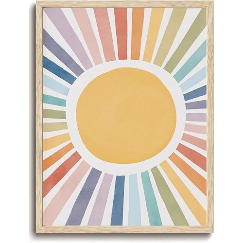 KISSFOX Framed Wall Art Nursery Wall Decor Sunshine Pictures Kids Cute Rainbow Canvas Art Colorful Sweet Paintings Boho Sunburst Artwork For Children Boys Girls Room Playroom