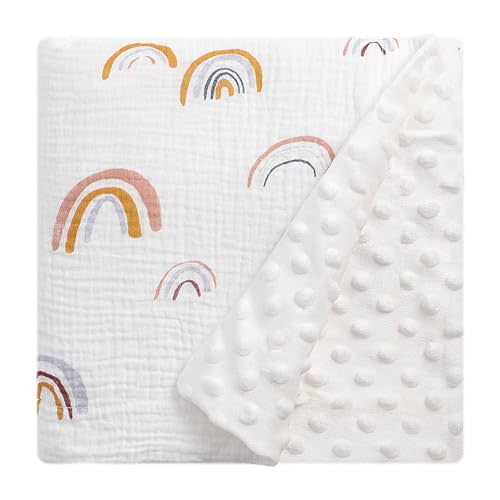 Cotton Muslin Front Fluffy-Backed Baby Swaddle Blankets Double Layer Nursery Plush Dotted Fleece Back Receiving Bed Quilt Blanket for Unisex Newborn Toddler Boys Girls 30 x 41 Inches
