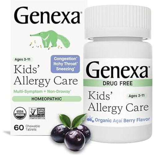 Genexa Kids Allergy Care | Drug Free, Non-Drowsy Children's Allergy & Decongestant Remedy | Vegan & Non-GMO | Homeopathic Relief Made Clean | Organic Acai Berry Flavor | 60 Chewable Tablets Ages 3-11