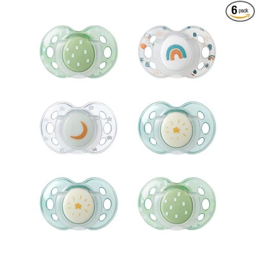 Tommee Tippee Night Time Pacifier, 18-36 Months, Symmetrical Silicone Baglet, BPA-Free Binkies, Glow in The Dark Technology, Green Rainbow, Pack of 6