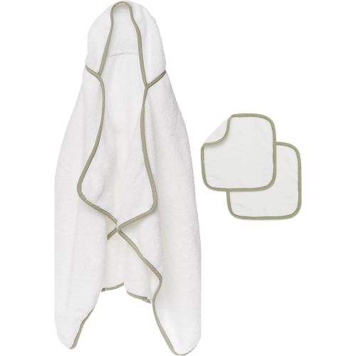 Lalo The Hooded Towel & Washcloth Set, 100% Organic Cotton, Soft on Sensitive Skin, Durable & Absorbent, Machine Washable, Includes One Baby Towel and Two Washcloths - Sage