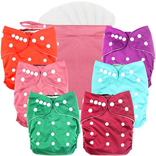 wegreeco Cloth Diapers 6 Pack with 6 Inserts & 1 Wet Bag, Washable Cloth Diapers for Babies, One Size Adjustable Reusable Diapers Baby (Girl Prints 02)