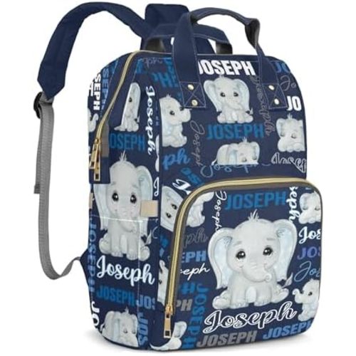 Elephant Custom Name Diaper Bag Backpack for Baby Boys Girls, Navy Blue Personalized Name Cute Cartoon Large Nappy Nursing Organizer Mommy Bags, Waterproof Travel Daypack for Dad Mom Gifts