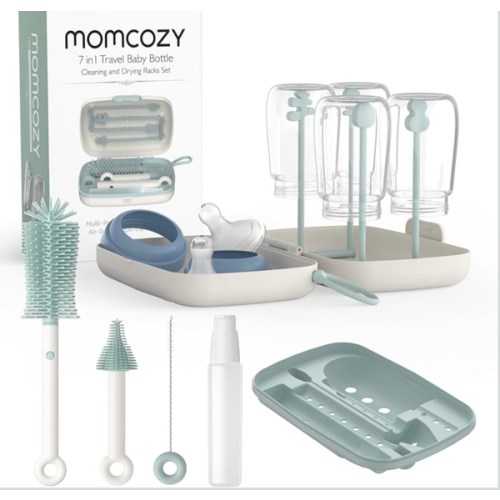 Momcozy Bottle Brush Set - Baby Bottle Cleaner Kit with Silicone Brush, Nipple Brush, Straw Brush, Soap Dispenser, Drying Rack - 7 in 1 Bottle Cleaning Tool for Home and Travel, Green