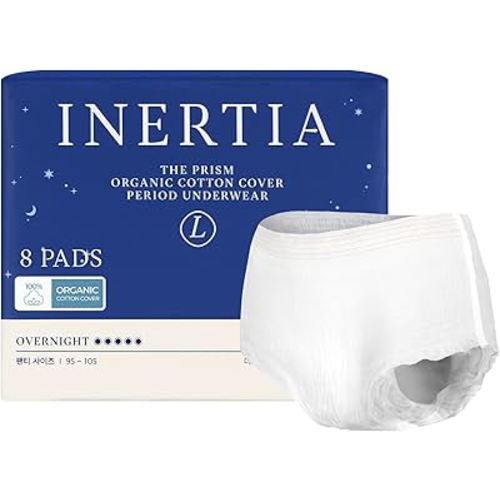 INERTIA Overnight Disposable Underwear – 100% Organic Cotton Cover with Dual Leak Locker Protection | Secure & Comfortable Fit, Unscented, Hypoallergenic, Postpartum Essentials (Size L, 8 Count)