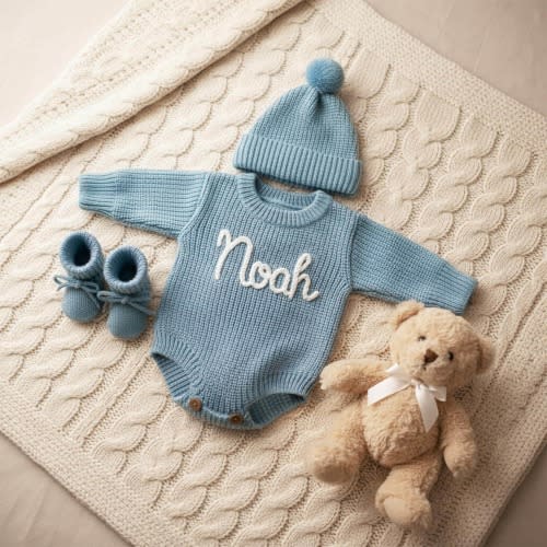 Personalized Handmade Knit Baby Romper with Embroidered Name: Newborn Baby Coming Home Outfit