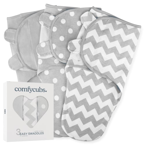 Comfy Cubs Baby Swaddles, Easy Adjustable 3 Pack for Boys and Girls (Large 3-6 Months, Grey)