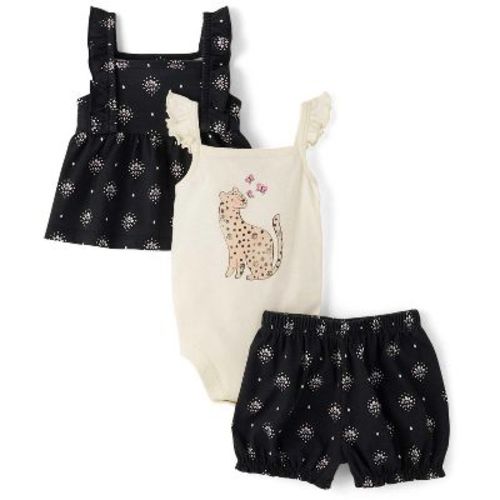 The Children's Place Baby Girls Sleeveless Leopard 3-Piece Playwear Set Black 6-9 M