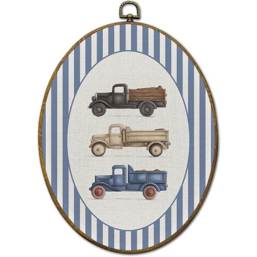 QZQE Vintage Truck Boy Nursery Oval Wall Art Decor Framed, Sports Oval Canvas Prints, Blue Striped Truck Vehicle Wall Hanging Decor for Kids Nursery Toddler Boy Room Bedroom Playroom, 8.6x11.4 Inch