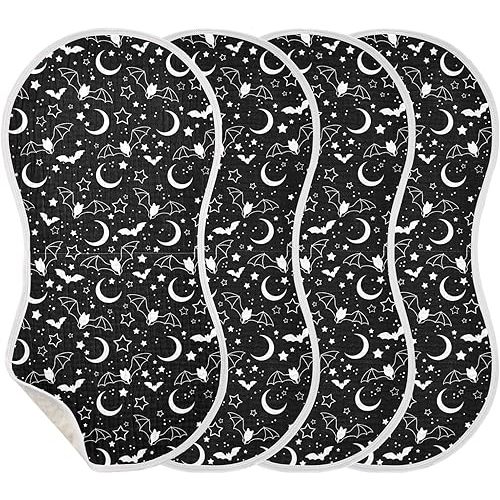 Muslin Burp Cloths for Baby Boys and Girls - 4-Pack Ultra Absorbent Halloween Bats Moons Star Muslin Washcloths, Newborn Towel, Milk Spit Up Rags, Burp Cloth Bib for Unisex, 22 x 11 Inch