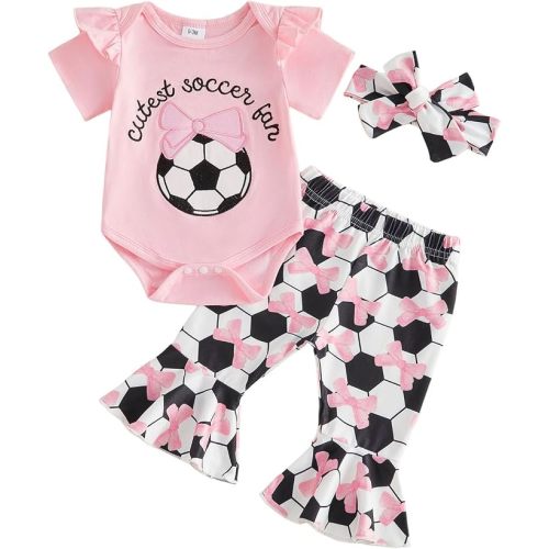 Ysfanwuxi Newborn Baby Girl Soccer Outfit Cutest Soccer Fan Bow Romper Bell Bottom Flare Pants Set 3Pcs Infant Summer Clothes (Beige, 3-6 Months)
