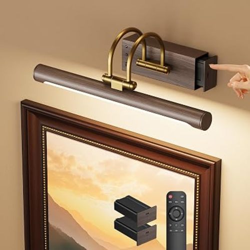Picture Light, 12.6″ Wireless Battery Operated Rechargeable LED Wall Light with Remote, Dimmable Art Light with Timer, Adjustable Design, Wood Grain and Gold Finish for Frames and Bedroom Decor