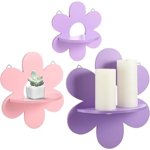 Soaoo 3 Pcs Daisy Flower Floating Shelves, Wooden Boho Daisy Plant Shelf, Wall Mounted Display Stand, Hanging Display Flower Decor for Living Room Bathroom Bedroom(Purple and Pink)