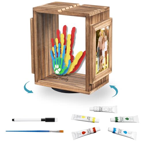 Emfogo 360 Rotating Family Handprint Kit, DIY Craft Keepsake Wooden Frame, Baby Footprint Kit, 5 Paint Colors Included, Non-Toxic Paints&Transparent Sheets, Gifts for Handprint Family Keepsake(Brown)