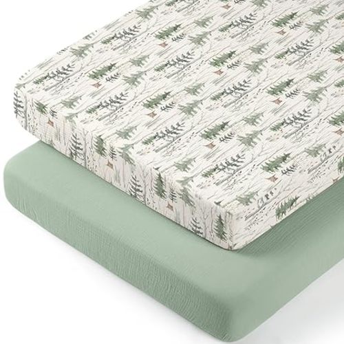 lulumoon Baby Bassinet Sheets Muslin: Cotton Bedside Bassinet Sheets Forest for Boys - Fitted for Bedside Sleeper Mattress