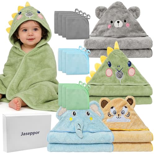 14 PCS Baby Bath Towels Set, 4 PCS Large 31"x31" Animal Hooded Towels & 10 Washcloths, Thick & Ultra Absorbent for Newborns Infants Toddlers 0-5 Years, Soft for Boys