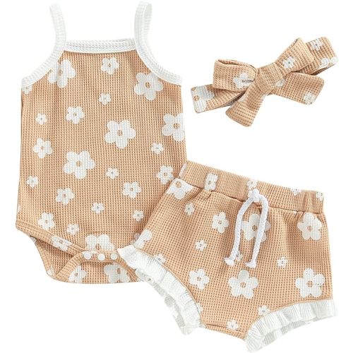 Newborn Baby Girl Summer Outfits Ribbed Sleeveless Romper Bodysuit Top and Ruffle Shorts Headband Clothes Sets