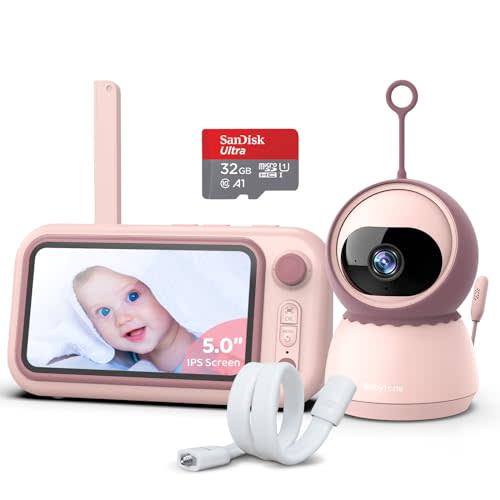babytone 5” Video Baby Monitor with Camera and Audio, Cute 1080P Cam for Infant, Portable Auto Night Vision, Loop Record & Playback, 2 Way Audio Talk no WiFi, Temp/Humidity Sensor