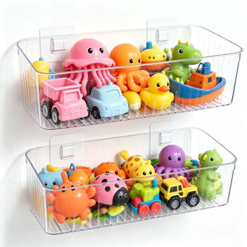Bath Toy Storage Holder, 2-Pack Clear Shower Organizer for Bathtub, Large Capacity Wall-Mounted Adhesive Caddy, Bathroom Toy Basket for Baby Toddler Kids