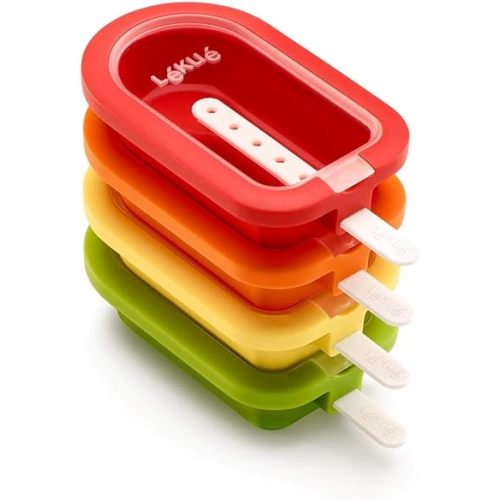 Lékué Set of 4 Large Stackable Popsicle Molds + Sticks & Lids | Homemade Freezer Ice Pops & Frozen Snacks | Flexible Platinum Silicone for Easy Fill & Unmold | Reusable & Dishwasher Safe| Multicolor