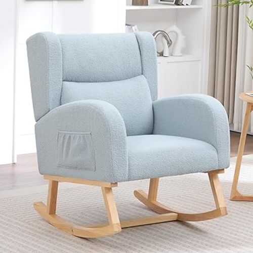 HCHAIRH Nursery Rocking Chair,Wingback Nursery Rocking Chairs,Nursing Glider Rocker Chair with High Back for Living Room Bedroom(Teddy Blue)