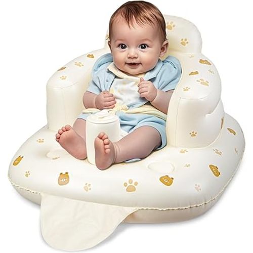 JOSEN Inflatable Baby Seat for Babies 3 Months & Up, Baby Floor Seats Learn to Sit Up, Portable Infant Feeding Shower Chair, Blow Up Baby Chair with Built in Air Pump - Cute Bear
