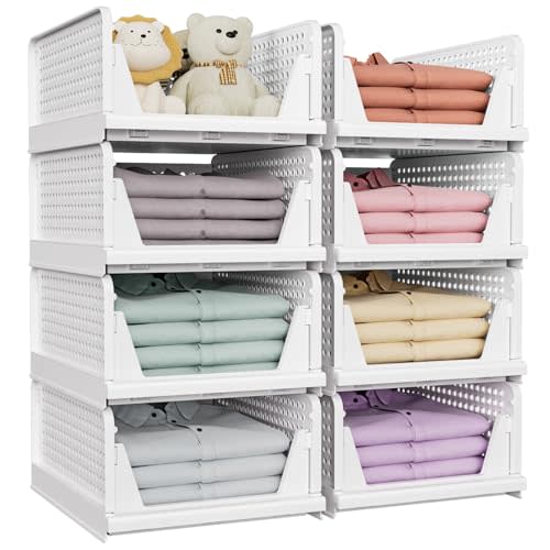 SNSLXH 8 Pack Stackable Closet Storage Bins, Multifunctional & Foldable Closet Organizers and Storage for Bathroom Kitchen Laundry Room Drawer Shelf Storage, Space-Saving Wardrobe Organizer, White