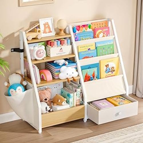 Kids Bookshelf and Toy Storage - Book Shelf for Kids Rooms, Toddler Bookshelf Baby Bookcase for Nursery, Montessori Toy Organizer, Burlywood