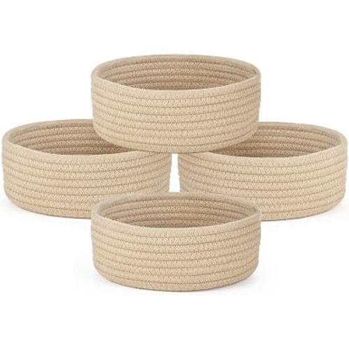 Dahey 4 Pcs Mini Woven Baskets Set, Small Cotton Rope Storage Bins for Organizing, Cute Tiny Round Decorative Baskets for Gifts, Living Room Bathroom Home Decor, 8.66" W x 3.15" H, Beige