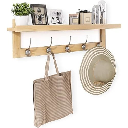 SMIBUY Coat Hooks with Shelf Wall-Mounted, 29.2 Inch Entryway Coat Rack for Wall, Bamboo Hanging Shelf with 5 Double Metal Hooks for Bathroom, Bedroom, Kitchen, Living Room, Mudroom (Natural)