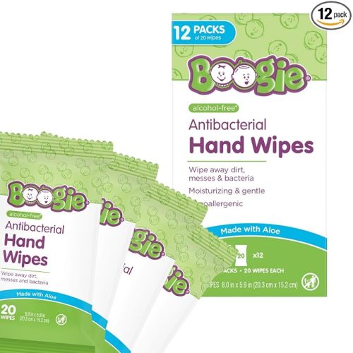 Antibacterial Hand Wipes by Boogie, Alcohol Free, Hypoallergenic and Moisturizing Aloe, Hand Wipes for Kids and Adults, 12 Packs of 20 (120 total wipes)