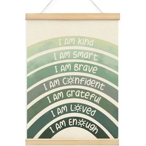 BIWSHA Rainbow Inspirational Green Classroom Wall Hanging Art Poster Decor, Positive Affirmations Mental Health Wall Decor with Wooden Frames for Playroom Nursery Toddler Girl Room, I Am Enough 12x16