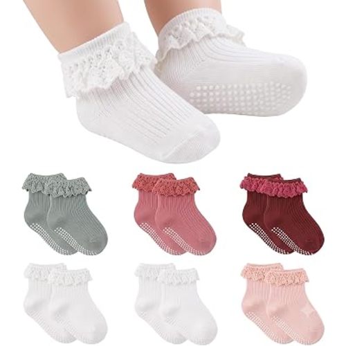 6 Pairs Baby Girl Infant Toddler Ruffle Socks with Grips Cotton