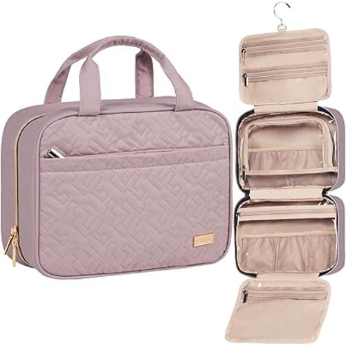 NISHEL Travel Toiletry Bag for women, Portable Hanging Organizer for Travel-Sized Shampoo, Conditioner, Brushes Set, Makeup Accessories, Medium Size, Peach Pink