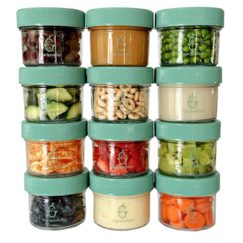 Sage Spoonfuls -12 Pack, 4 oz Baby Food Jars, Glass Baby Food Containers with Lids - Freezer Storage, Leakproof, Reusable Small Glass Baby Food Containers, Microwave & Dishwasher Friendly