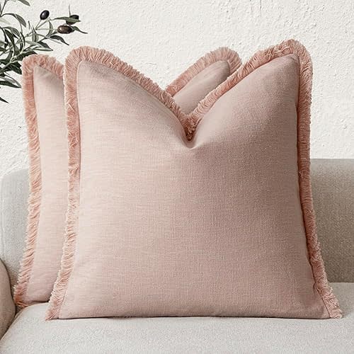 Foindtower Set of 2 Decorative Linen Fringe Throw Pillow Covers Boho Farmhouse Cushion Cover with Tassels Soft Accent Pillowcase for Couch Chair Sofa Bed Living Room Home Decor,20×20 Inch,Light Pink